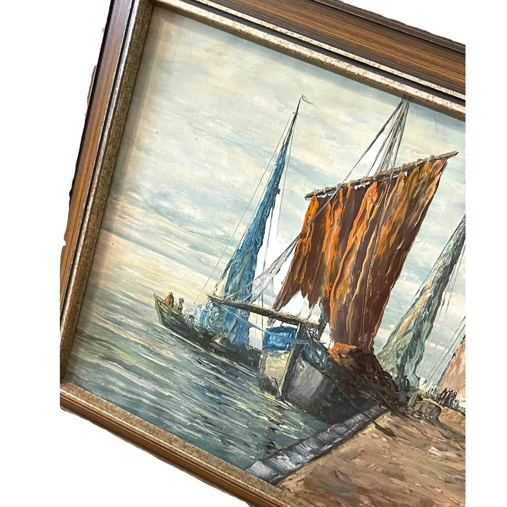 Vintage Nautical Oil Painting on Canvas Signed ROBERTO Sail boats Mid Century - Picture 6 of 12